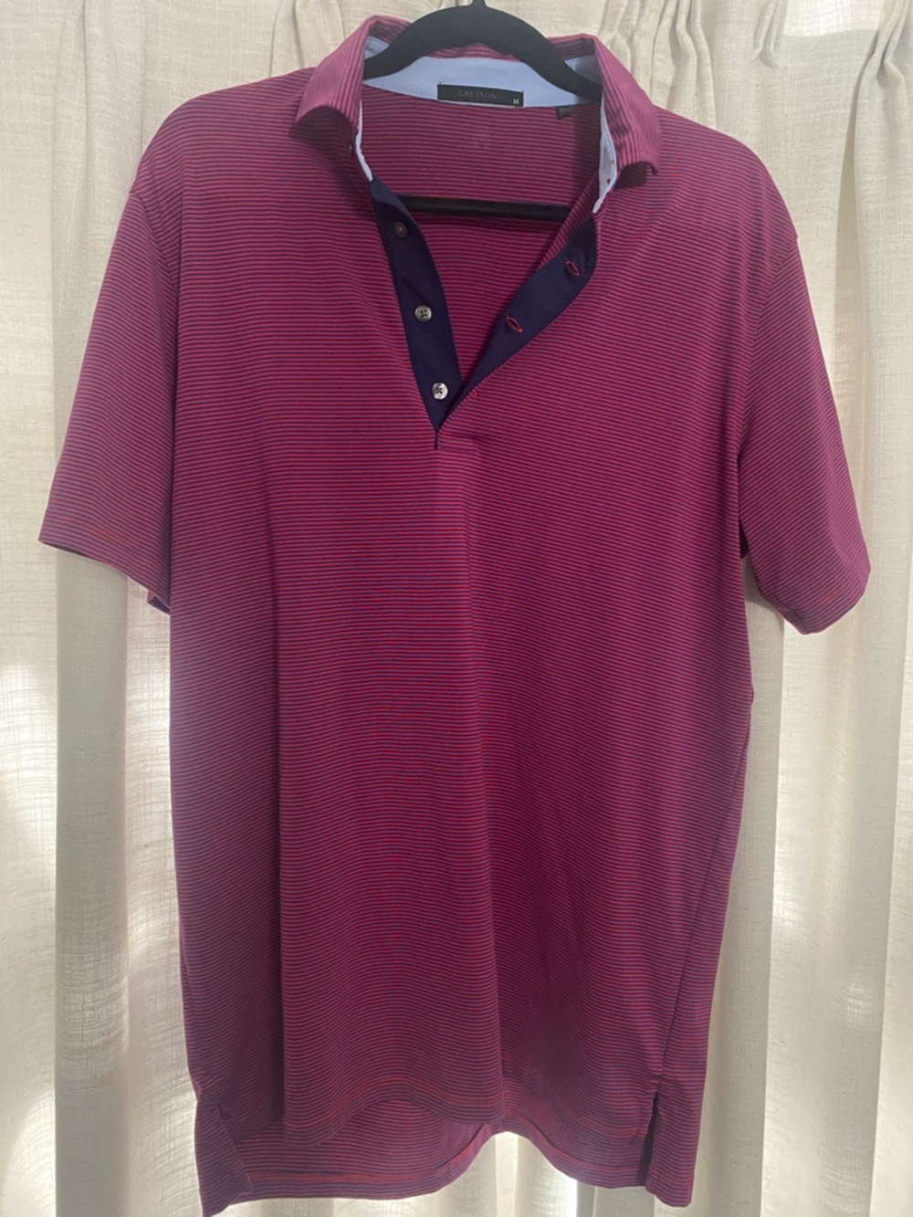 Greyson Men's Burgundy Micro-Stripe Polo with Navy Placket